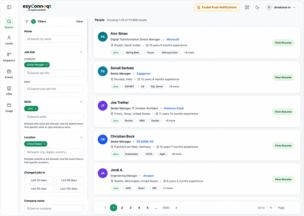 ezyConneqt Smart Search, filters and people results with details masked
